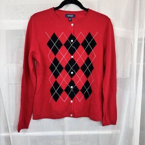 Lands End 100% cashmere cardigan sweater argyle sz MD 10-12 preppy academia